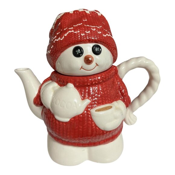 Department 56 Snowman Teapot with Red Sweater and Hat – Ceramic Holiday Cocoa De - Picture 1 of 7